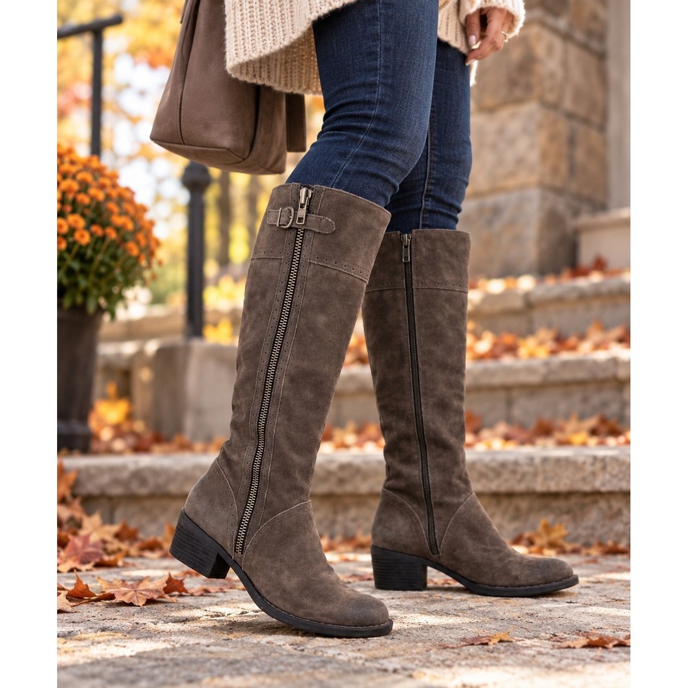 Born Women Grey Suede Tall Riding Boots Side Zip Buckle CQG16 Size 9.5 M